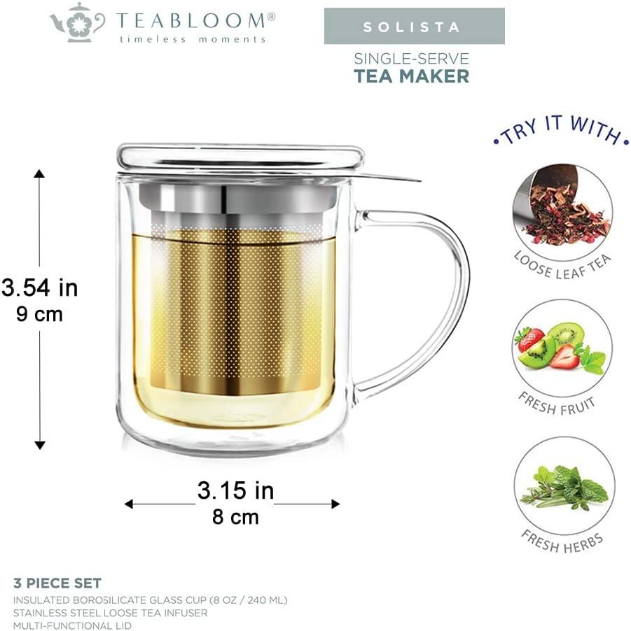 Teabloom Solista Single-Serve Tea Maker - Glass Mug with Infuser and Lid
