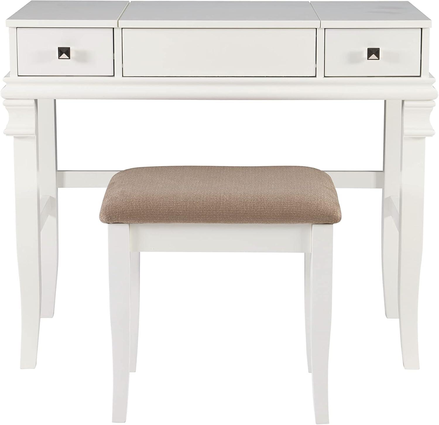 Linon Angela Wood Vanity & Padded Beige Stool 2 Drawers Flip Up Mirror in White