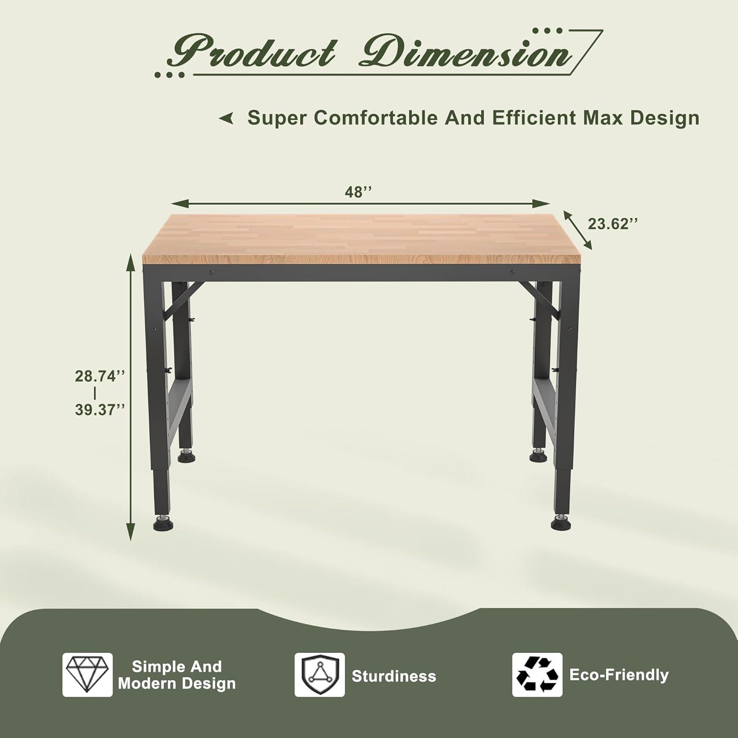 Gzxs Height Adjustable Workbench 48" x 23.62", 2000 LBS Capacity Heavy-Duty Rubber Wood Workstation for Garage Party Shop Office (Black)