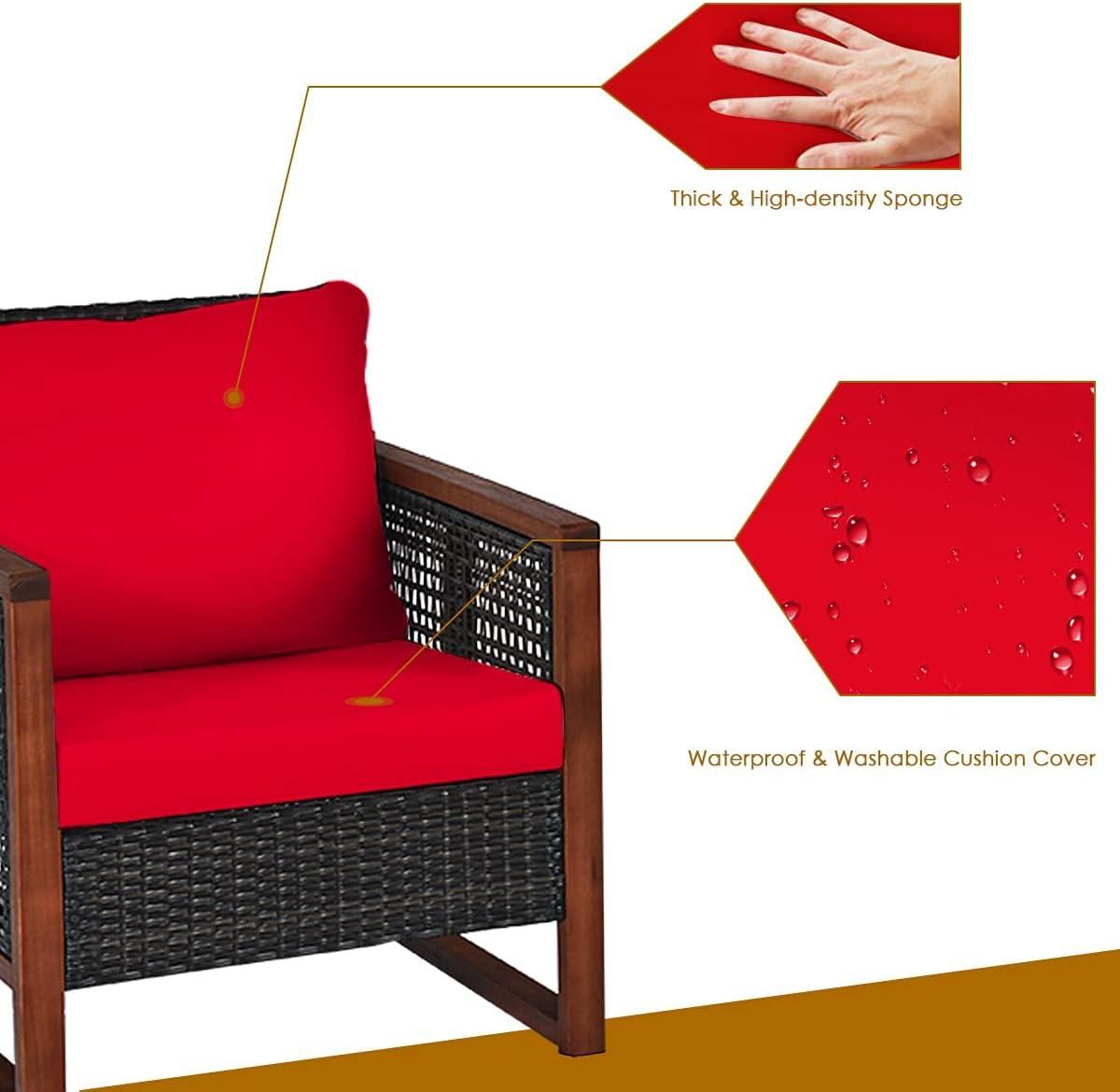 Costway 3PCS Patio Wicker Furniture Set Solid Wood Frame Cushion Sofa w/ Square Table Shelf Red