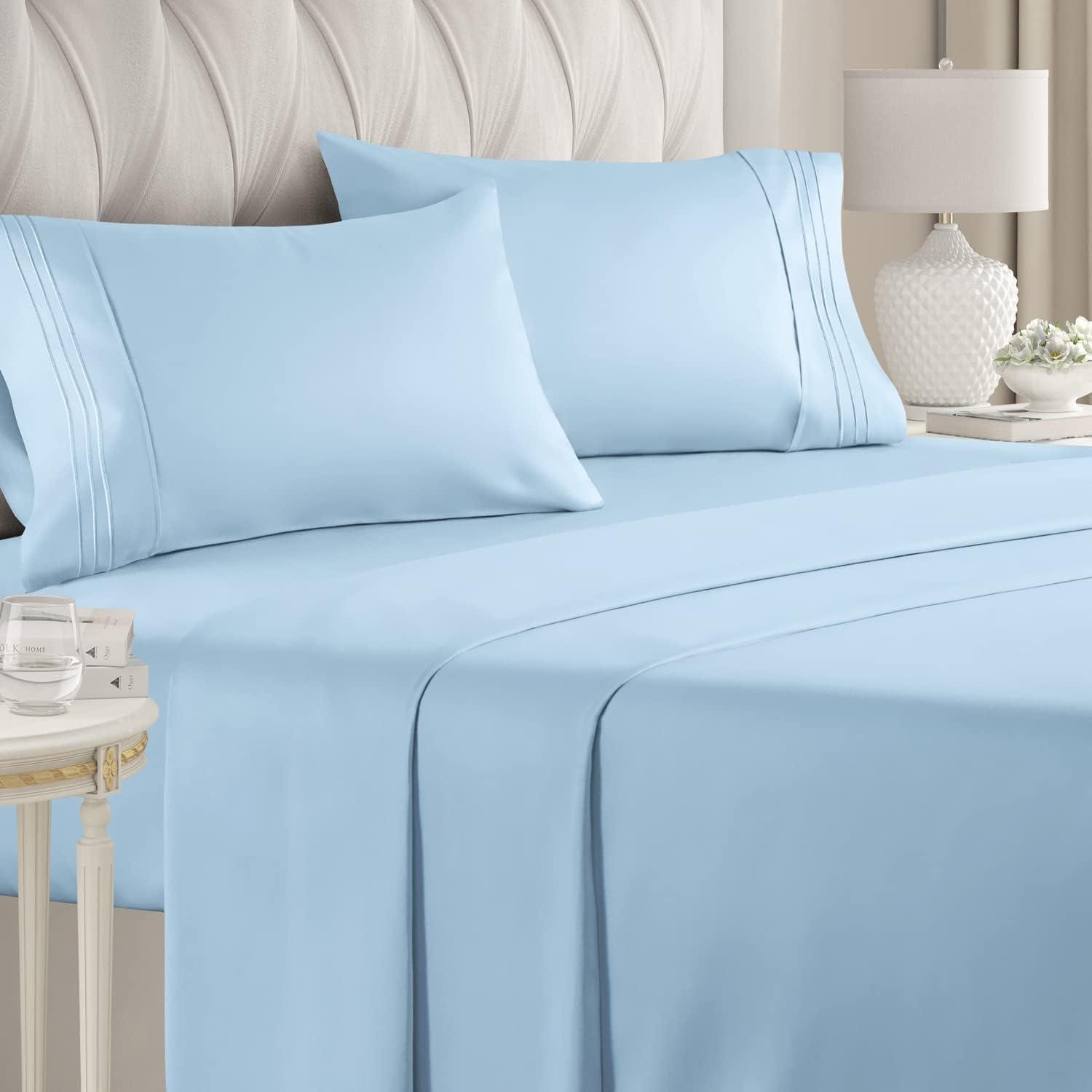 CGK Linens 100% Cotton 400 Thread Count 4 Piece Sheet Set - Soft & Cozy Sateen Bed Sheets in Light Blue, Size Queen