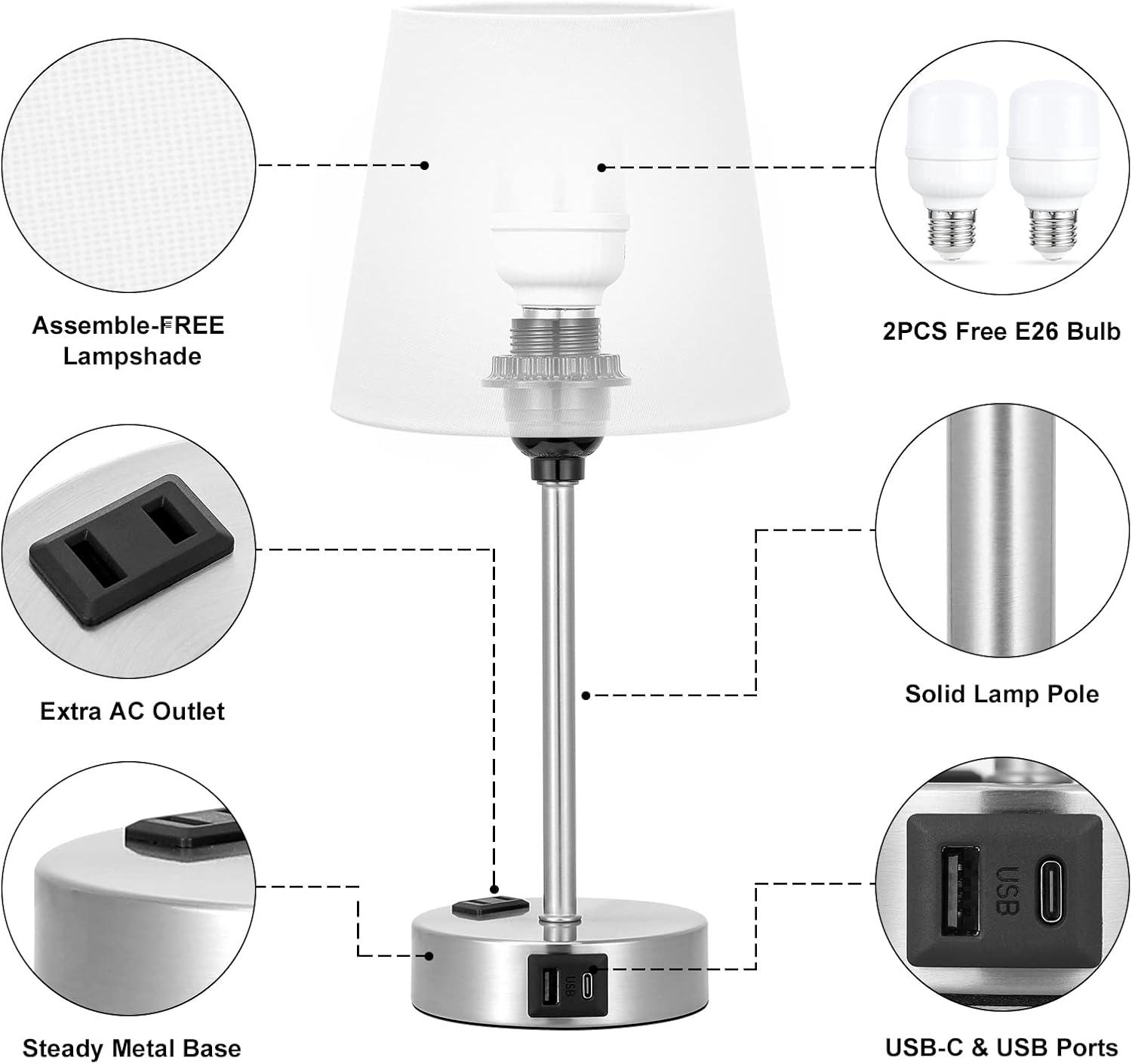 Set of 2 White Fabric Touch Control Table Lamps with USB Ports and AC Outlet