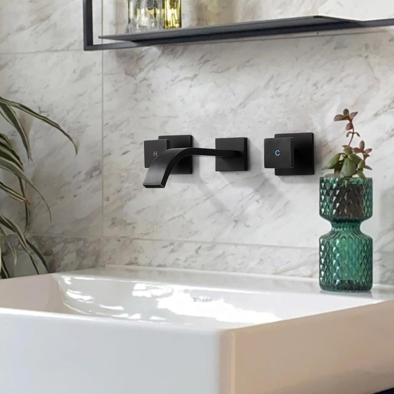 Matte Black Brass Wall-Mounted Double Handle Faucet