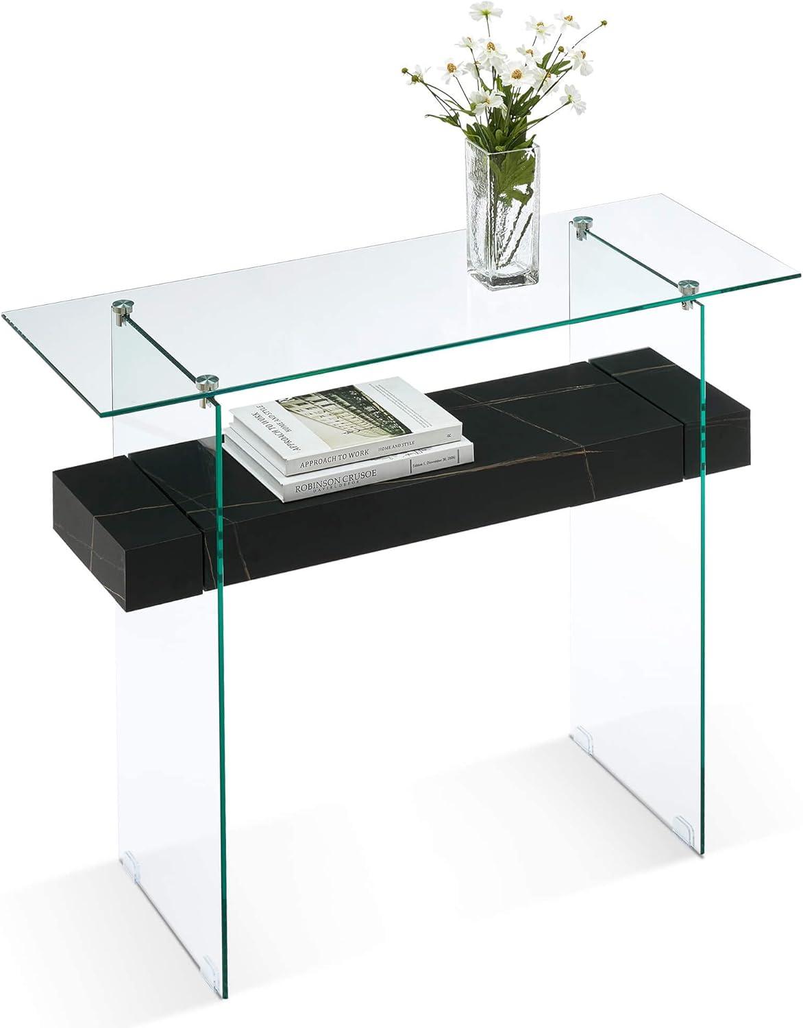 Sleek Dark Brown Glass-Top Console Table with Storage, 39.4"