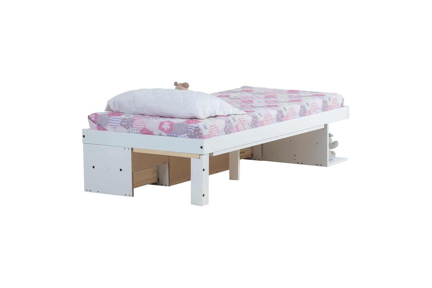 Memomad Bali Storage Platform Sturdy Bed Frame with Drawers and More (White Wood Twin Size)