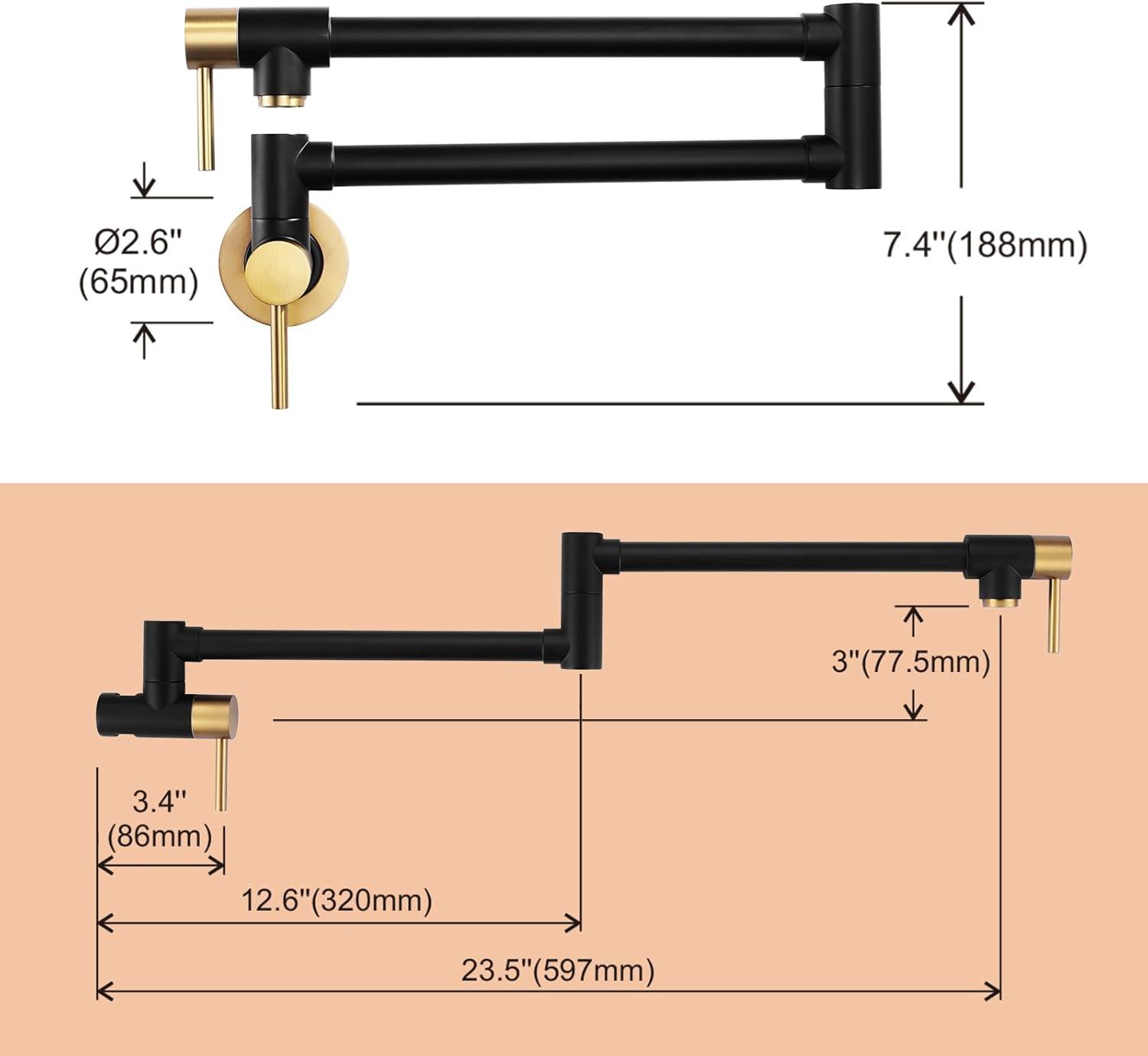 Matte Black and Gold Brass Wall Mount Pot Filler Faucet