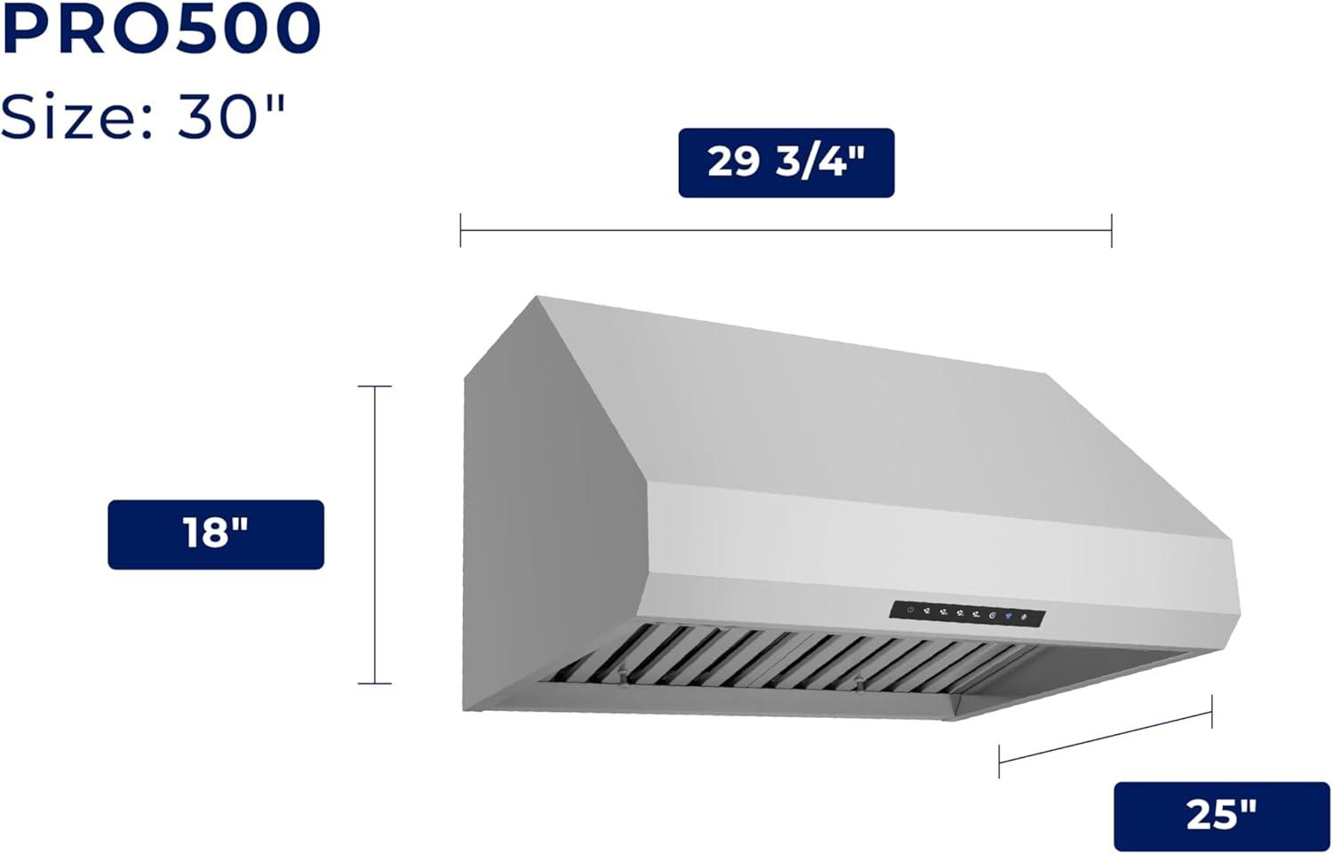 30" 540 CFM Versatile Under Cabinet or Wall Mounted Range Hood in Stainless Steel with Smart Feature