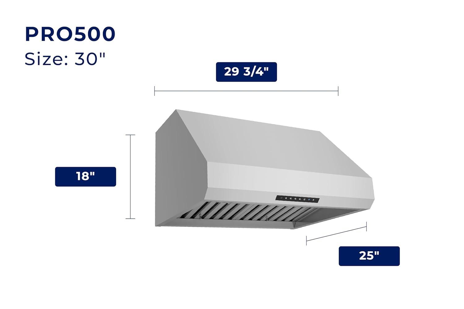 30" 540 CFM Versatile Under Cabinet or Wall Mounted Range Hood in Stainless Steel with Smart Feature
