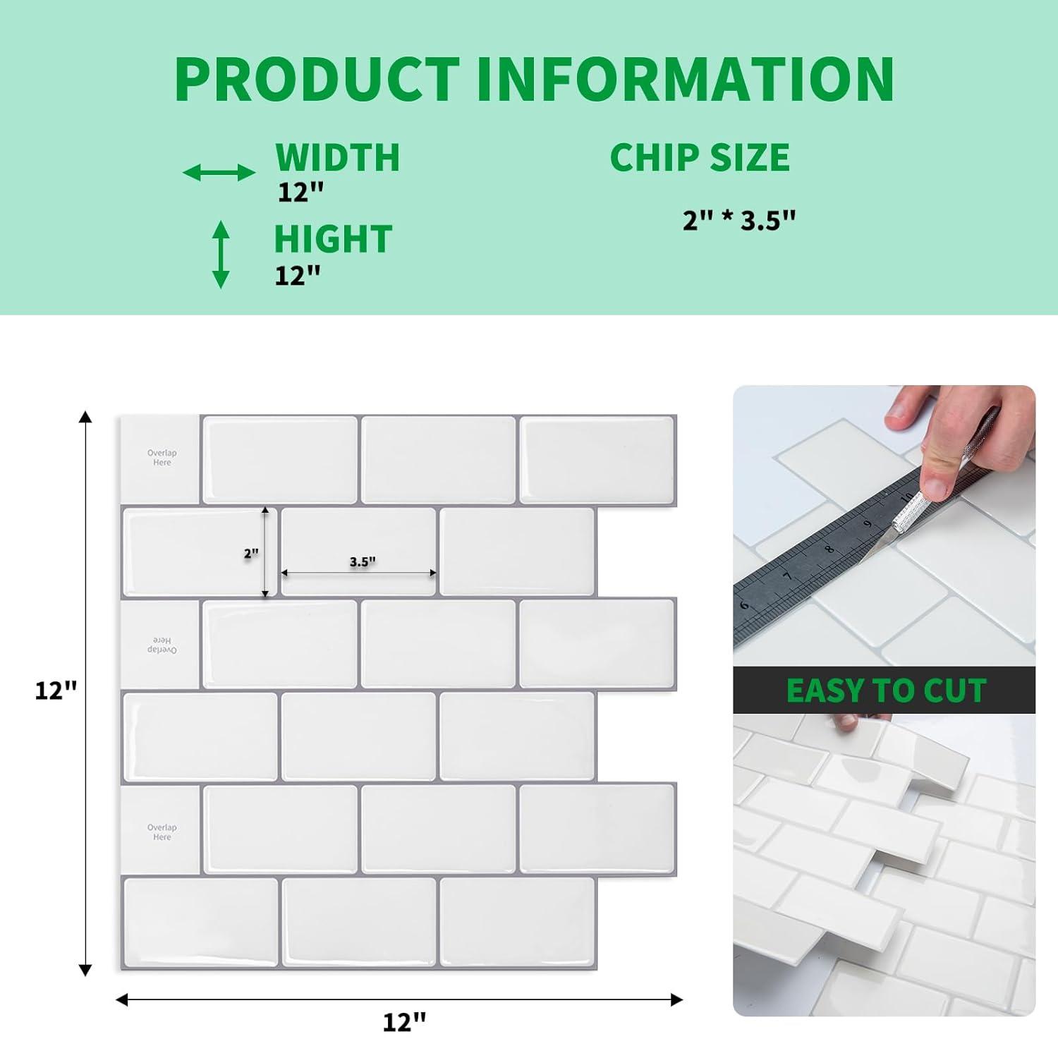 Art3d Peel and Stick Backsplash Tile, 10-Sheet Stick on Subway Tiles for Kitchem, Bathroom Back Splashes, 12"x12", Warm White with Black Grout