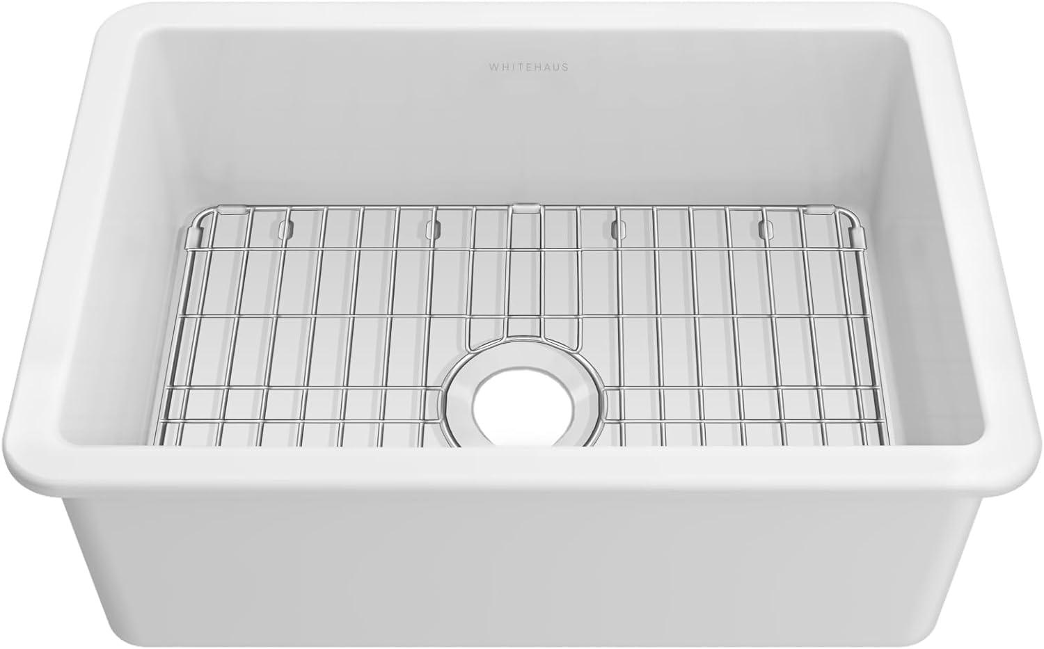 Glossy White Fireclay Drop-in Single Bowl Kitchen Sink with Stainless Steel Grid