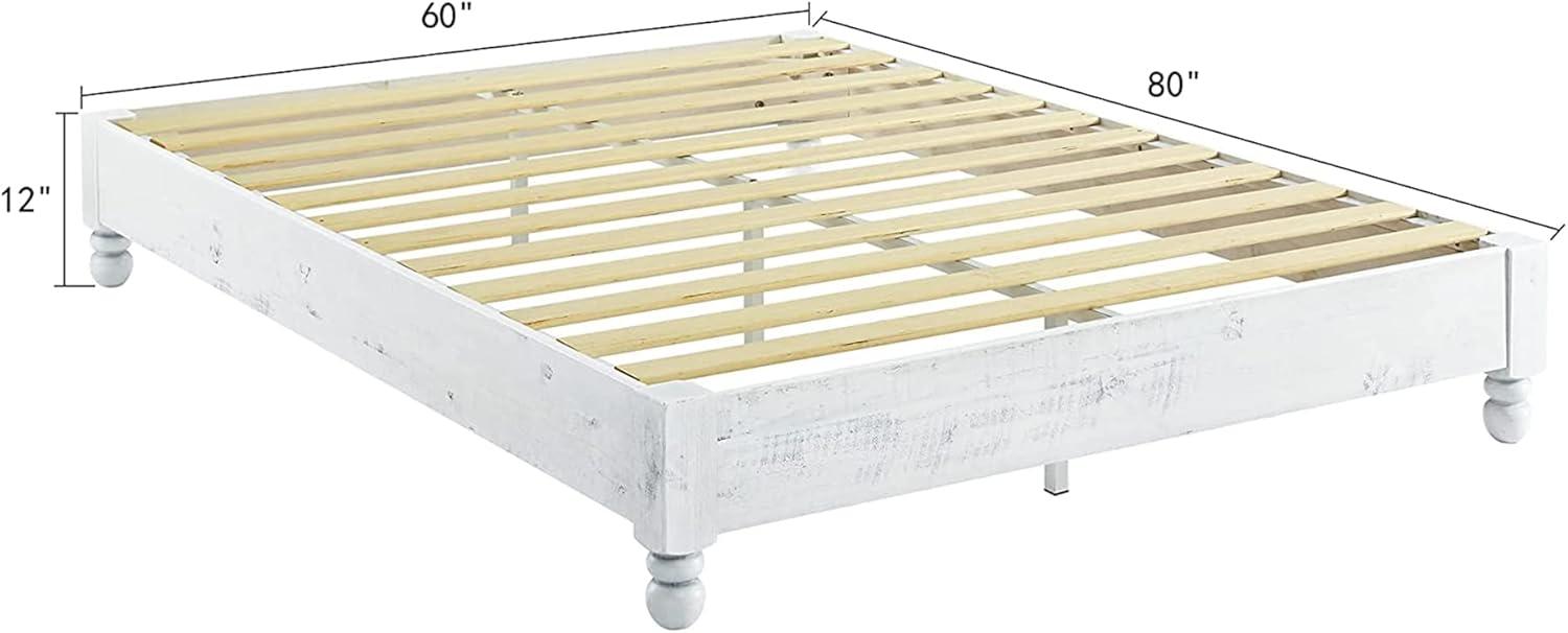 Queen White Washed Pine Wood Platform Bed with Slats