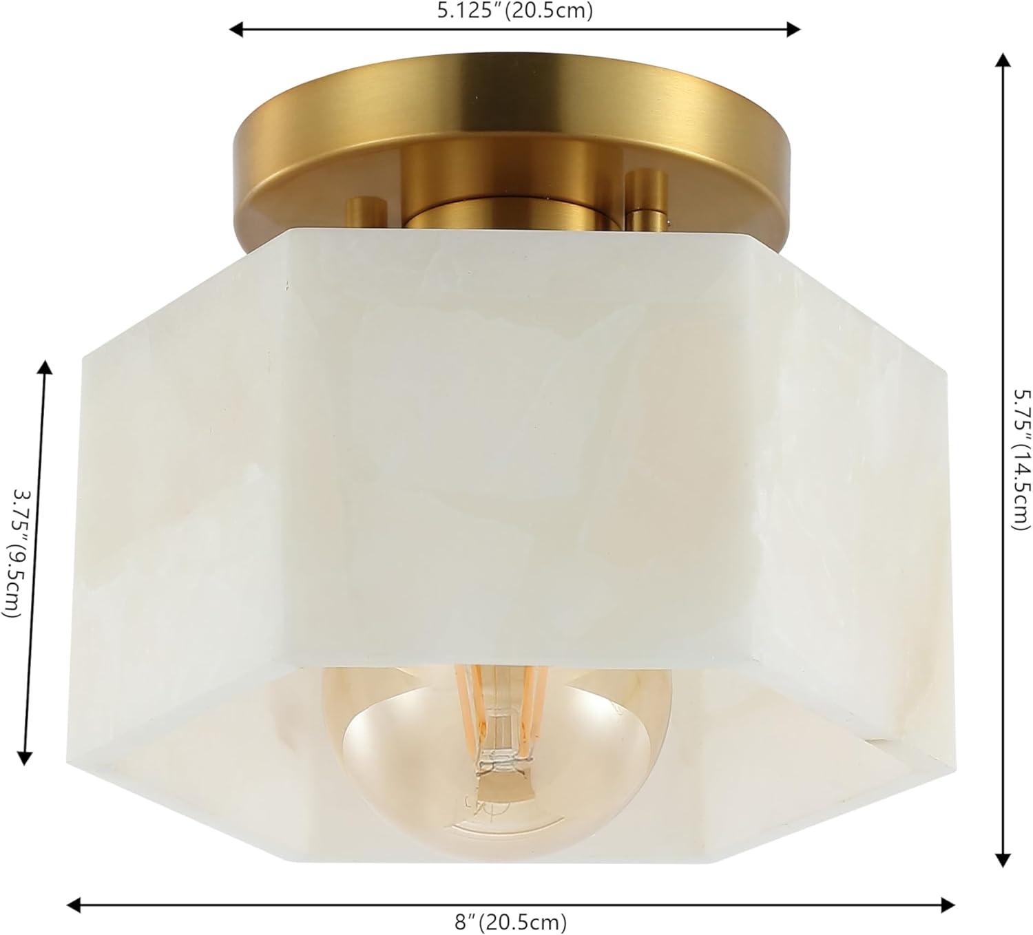 Tessa 8" 1-Light Modern Contemporary Alabaster/Iron Hexagonal LED Semi Flush Mount, White Marbling/Brass Gold