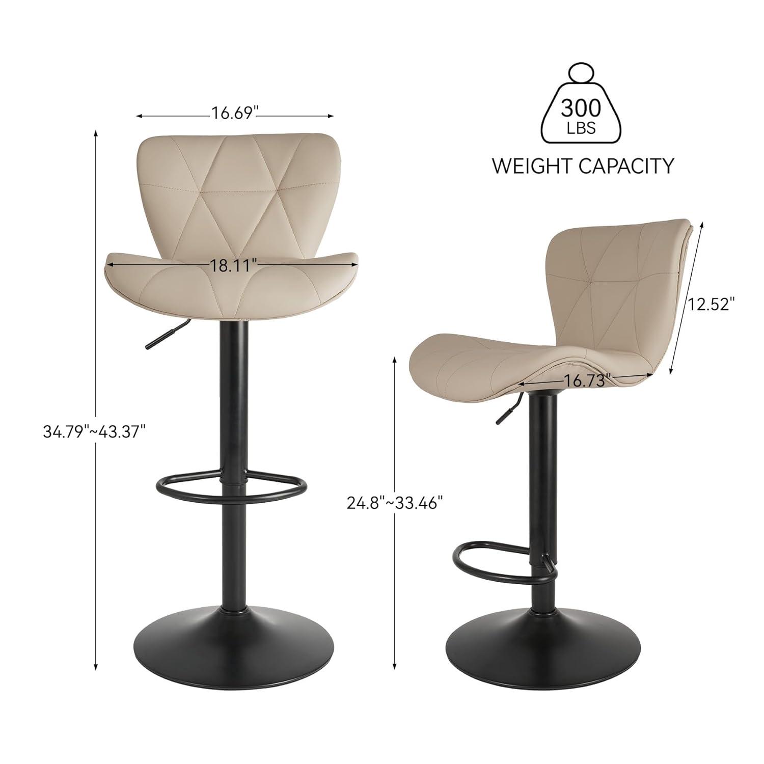 Modern Bar Stool Set of 2, Adjustable Faux Leather Upholstered Swivel Counter Stools, Counter Barstools with Back for Kitchen Island, Khaki