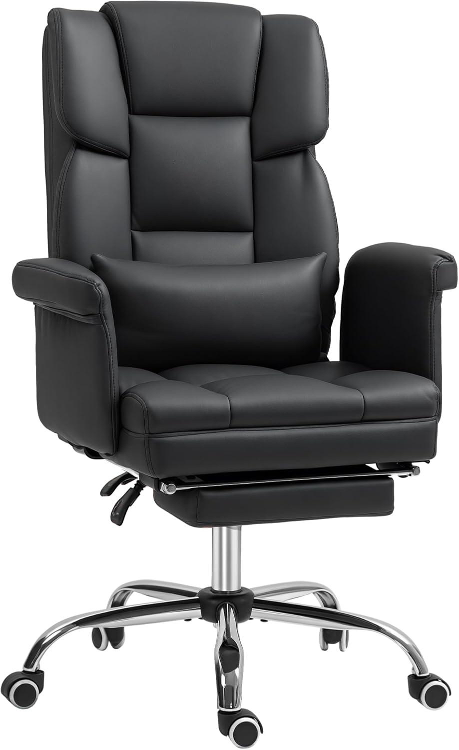 HOMCOM Executive Office Chair with Footrest and Lumbar Support, PU Leather Office Desk Chair, Ergonomic, Reclining and Swivel Chair, Black