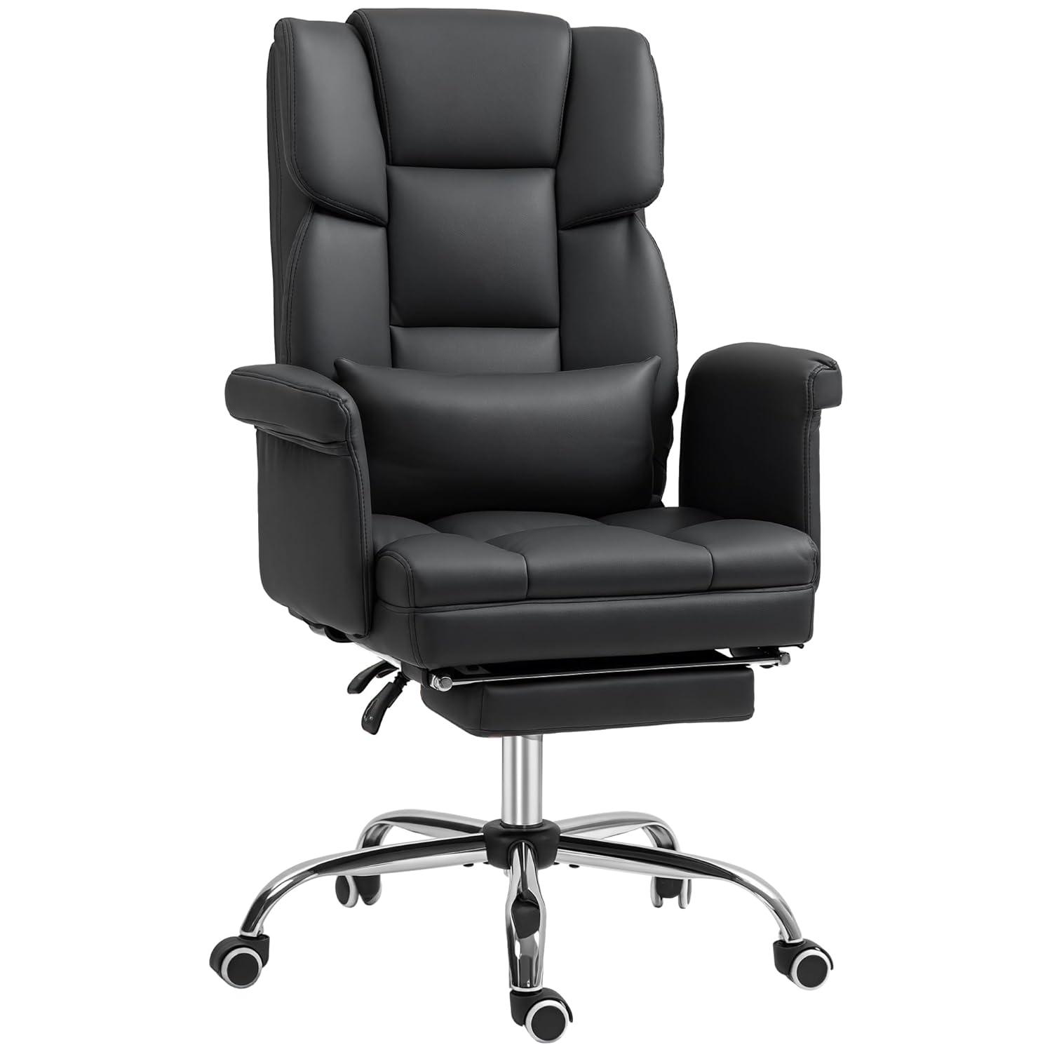 HOMCOM Executive Office Chair with Footrest and Lumbar Support, PU Leather Office Desk Chair, Ergonomic, Reclining and Swivel Chair, Black