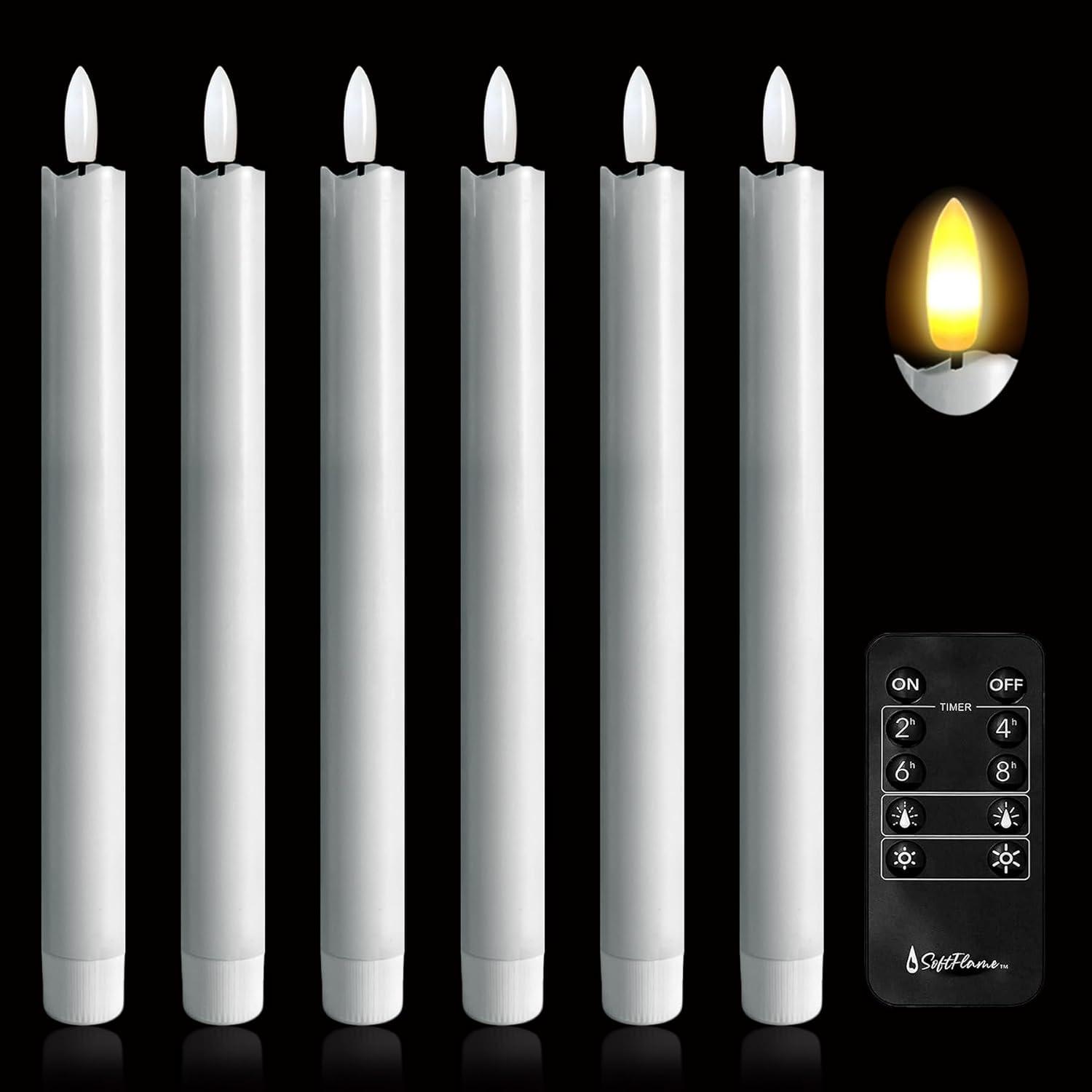 Remote Control Flameless Taper Candles, S/6 3D Flickering Battery Operated LED Window Candles Encased with Real Wax to Light Up Your Home