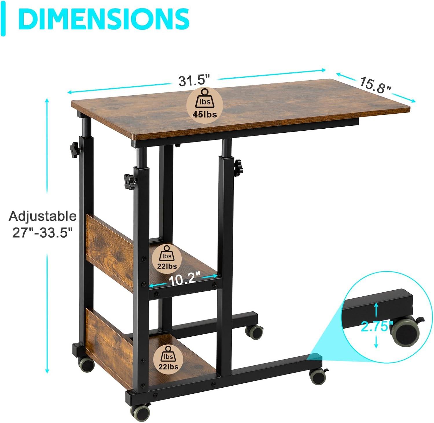 17 Stories Hadulcet C Shaped Side Table Adjustable, Height Adjustable C Table With Wheels And Storage Shelves For Couch Bed Recliner Rustic Brown