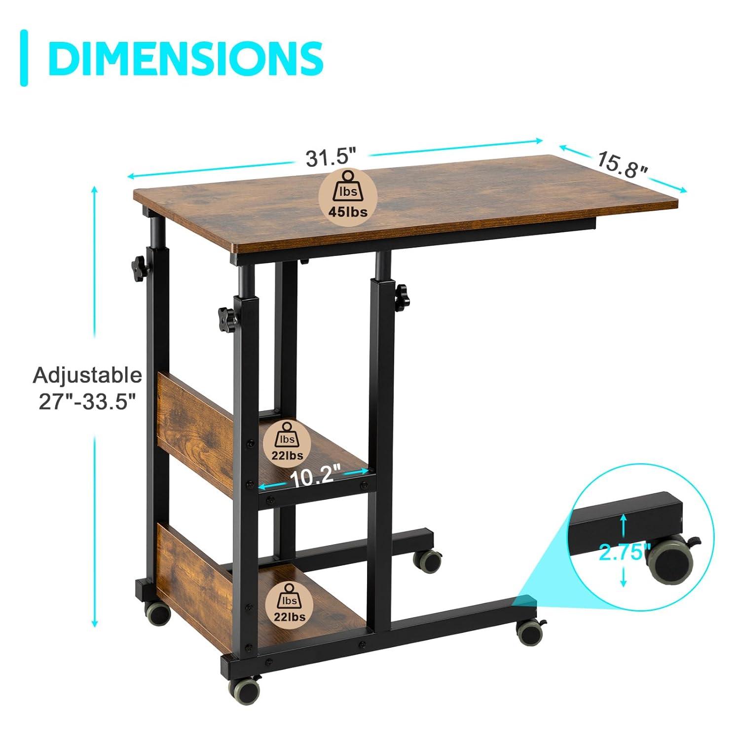 17 Stories Hadulcet C Shaped Side Table Adjustable, Height Adjustable C Table With Wheels And Storage Shelves For Couch Bed Recliner Rustic Brown
