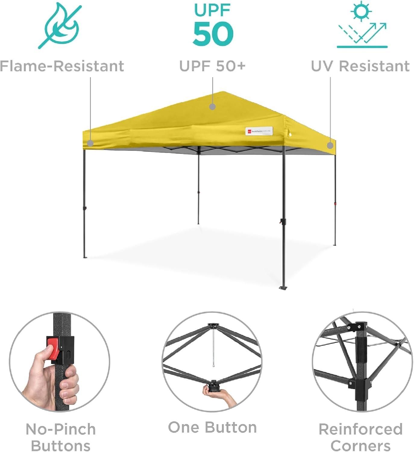 Best Choice Products 10x10ft Easy Setup Pop Up Canopy w/ 1-Button Setup, Wheeled Case, 4 Weight Bags - Yellow