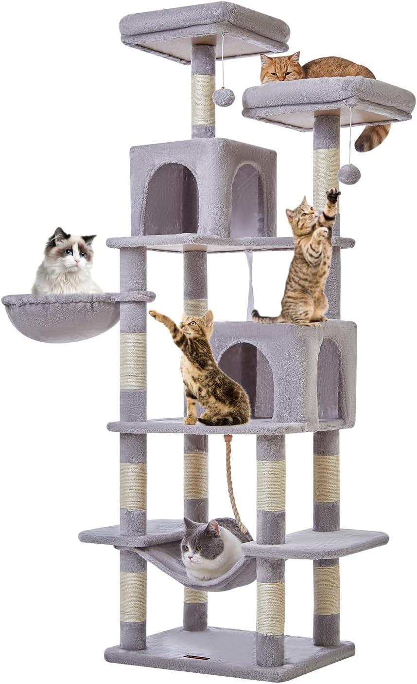 71" Indoor Tall Large Cat Tree Multi-Level Cat House With 2 Big Condo Pad Bed, Cozy Hammock And Scratching Posts