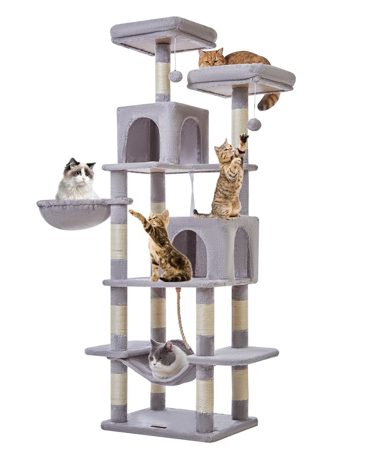 71" Indoor Tall Large Cat Tree Multi-Level Cat House With 2 Big Condo Pad Bed, Cozy Hammock And Scratching Posts