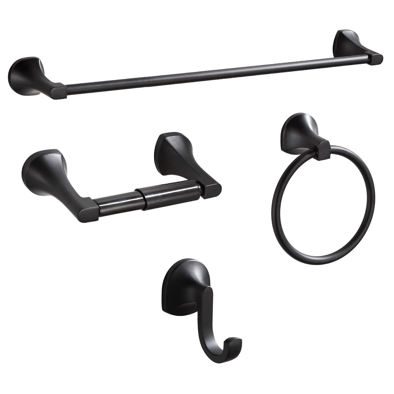 BGL Bathroom Hardware Set Matte Black Adjustable Expandable Towel Bar 4-Piece Bathroom Accessory Set Wall Mounted Robe Hook Toilet Paper Holder Towel Ring Towel Bar
