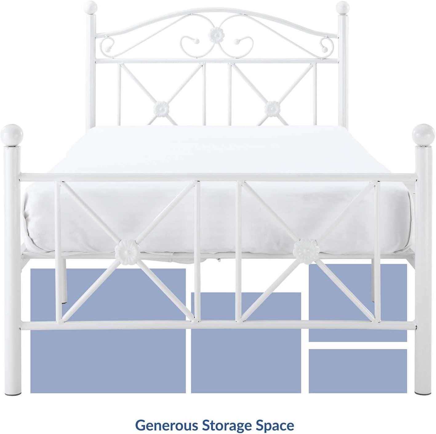 Serene White Metal Twin Bed with Latticework Headboard and Storage Drawer