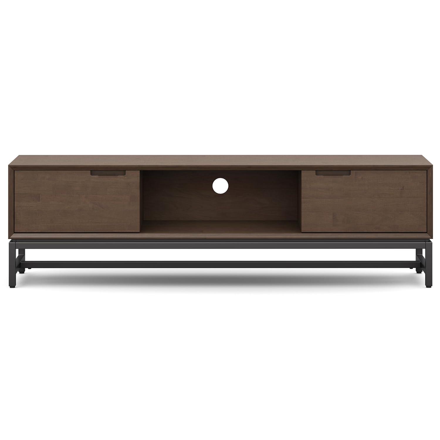 Simpli Home Banting 72"W Solid Hardwood Industrial Low TV Stand for TVs up to 80" with 2 Cabinets and Metal Base