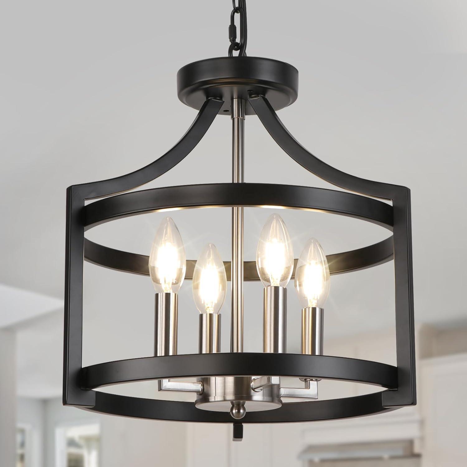 Chandelier Convertible Semi Flush Mount Ceiling Light, YANSUN 4-Light Modern Farmhouse Rustic Round Cage Chandeliers for Kitchen, Dining Room, Foyer, Entryway.Black and Brushed Nickel