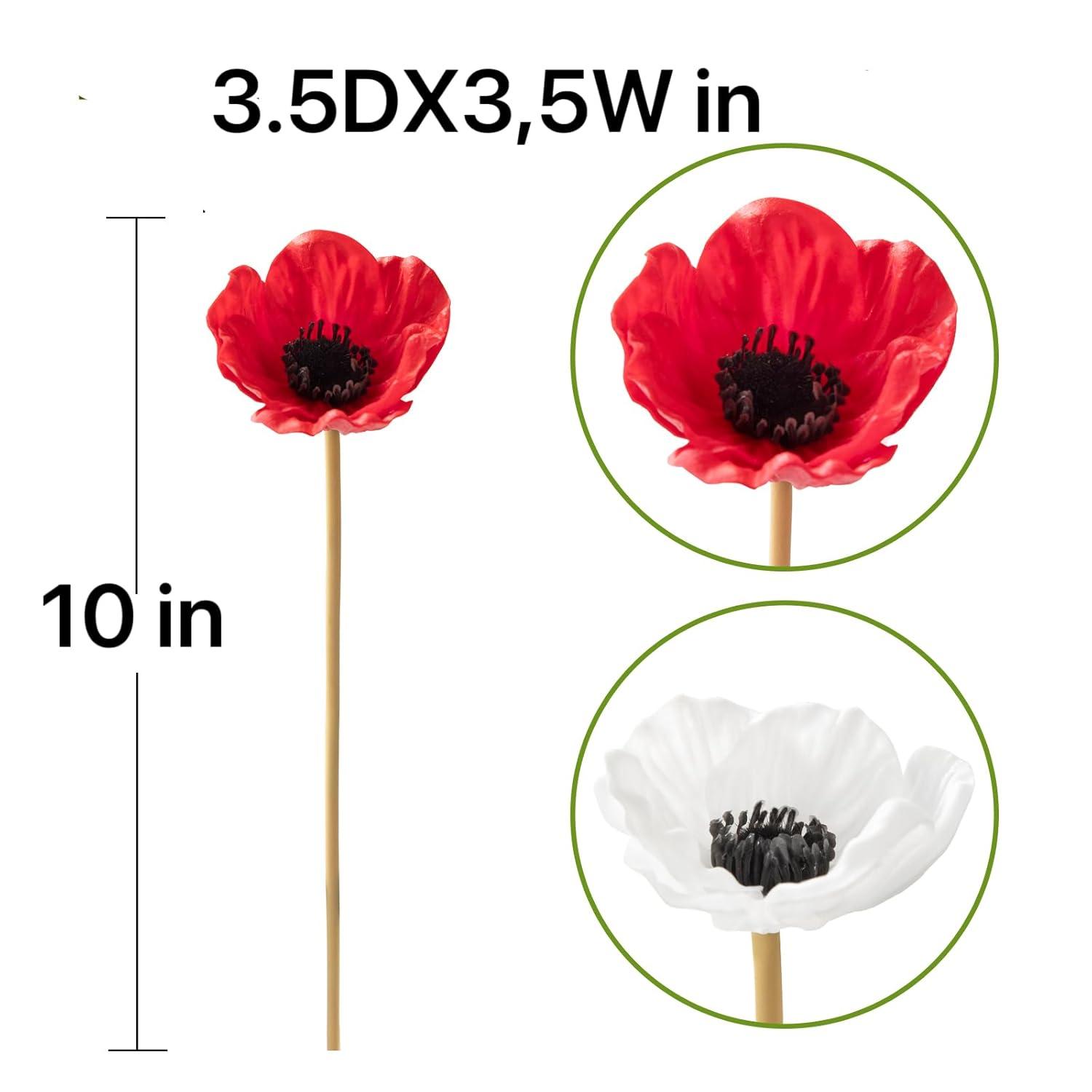 Floral Kingdom Artificial Anemone Poppy, Real Touch Latex, Red, 10 Inch, 8 Pack for Home and Wedding Table Decor, All Season
