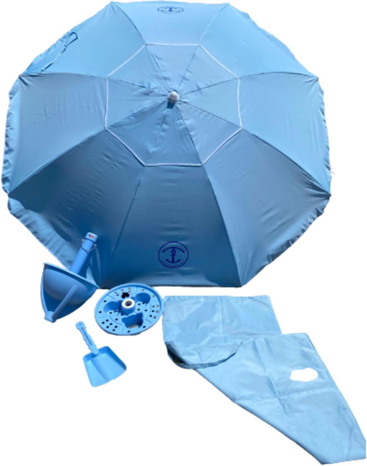 Anchor Works: Classic Beach Umbrella & AnchorONE Kit – Sky Blue - 7.5ft, Carry Bag, Sand Shovel & Drink Tray, UV-Protected, Outdoor Sun Canopy