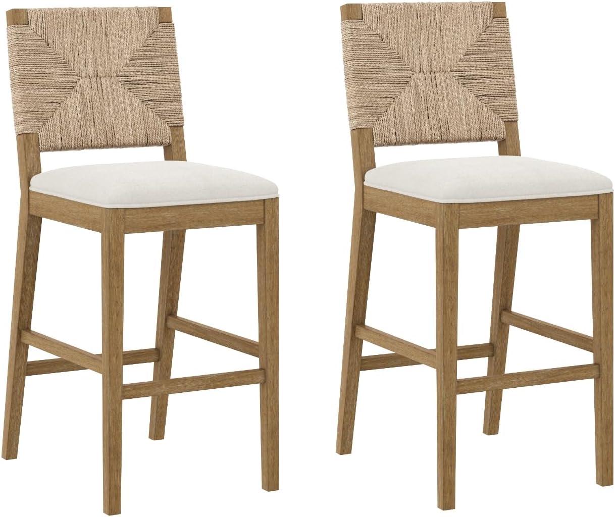 Beacon Light Brown Wood Bar Stool with Cream Boucle Upholstery