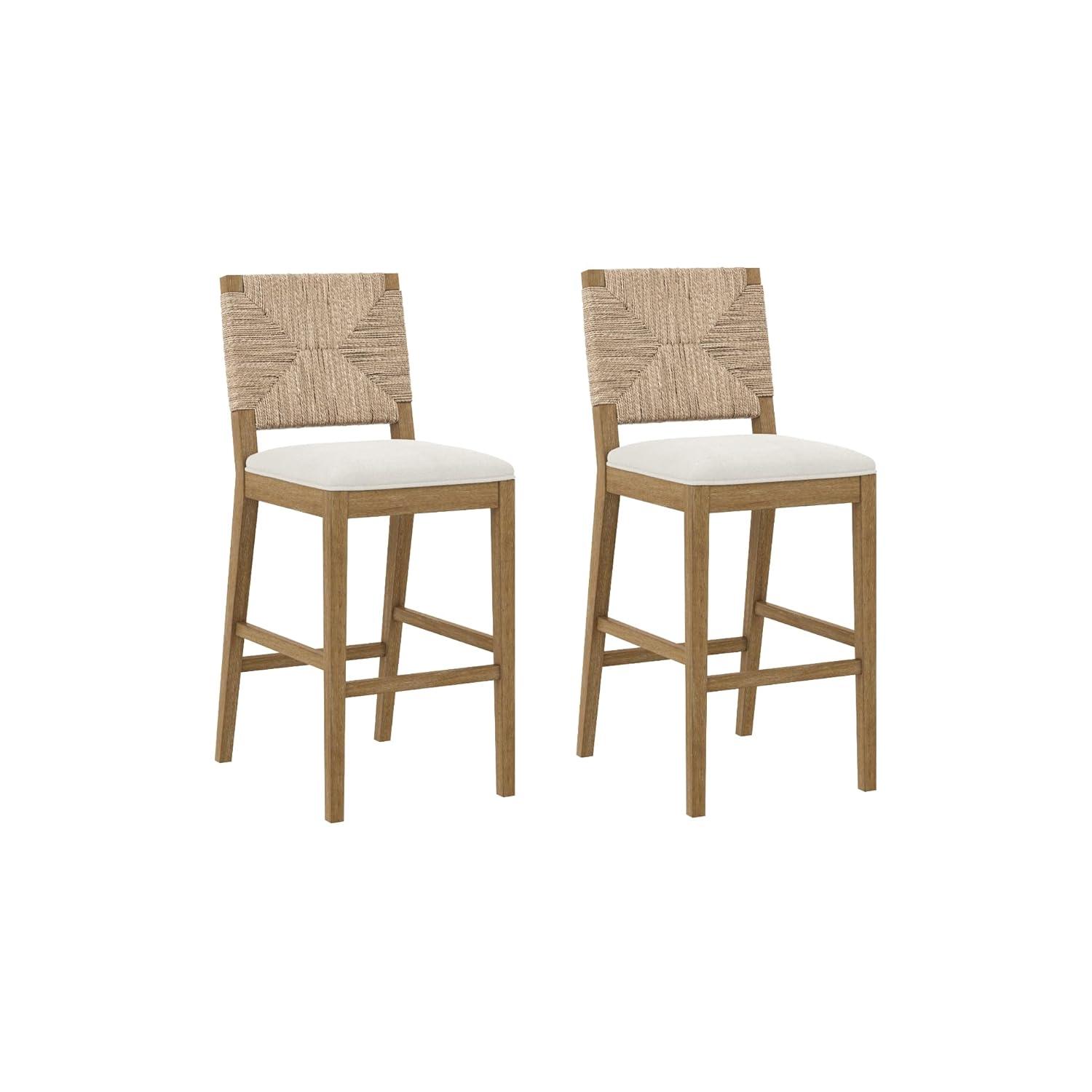 Beacon Light Brown Wood Bar Stool with Cream Boucle Upholstery