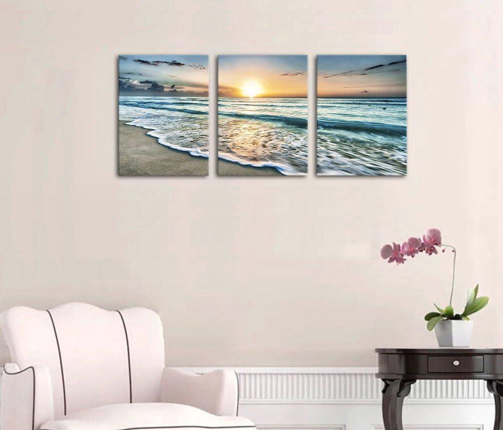 Canvas Wall Art Beach Sunset Ocean Waves Wall Decor 3 Pieces x 12" x 16" Modern Seascape Canvas Artwork Contemporary Nature Pictures Painting Giclee Prints Framed Ready to Hang for Home Decoration