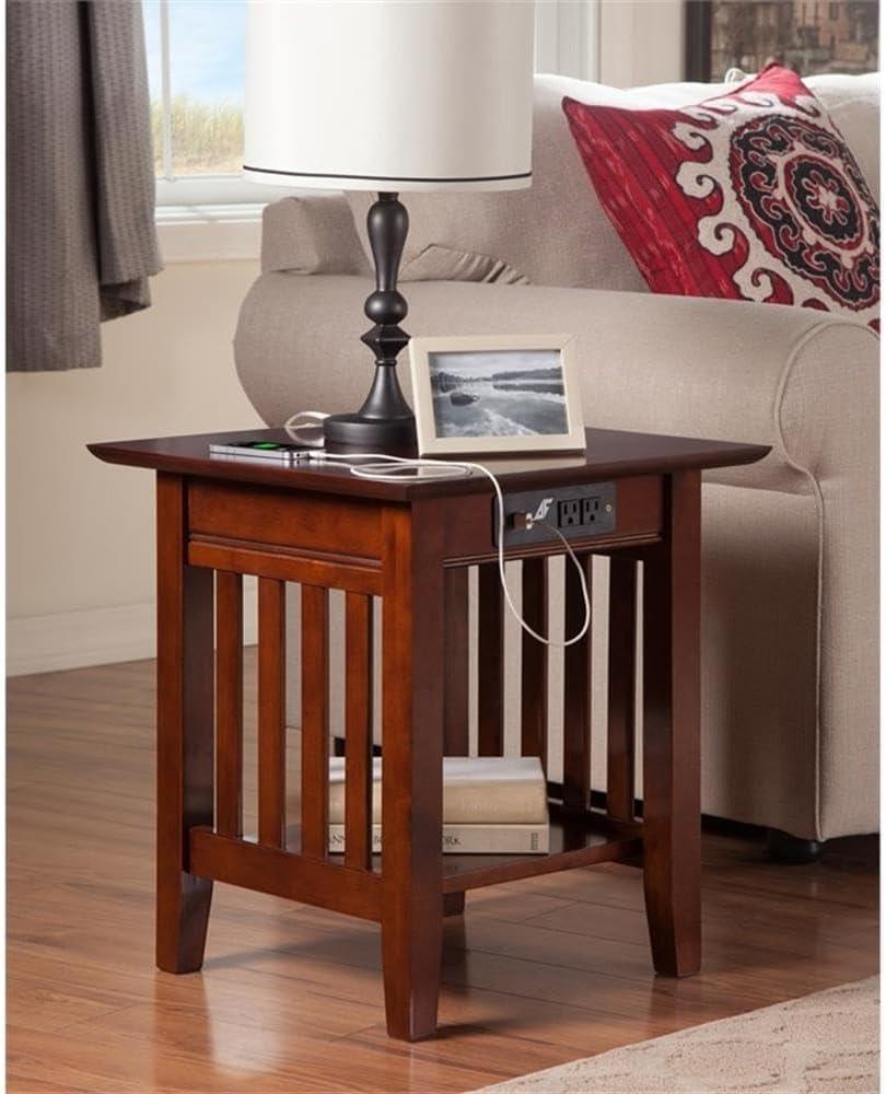 Walnut Solid Hardwood End Table with USB Charger, 20 in, Set of 2