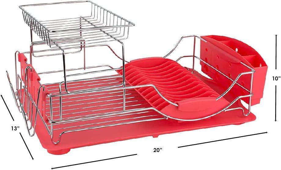 Red 2-Tier Metal Dish Drying Rack with Utensil Cup