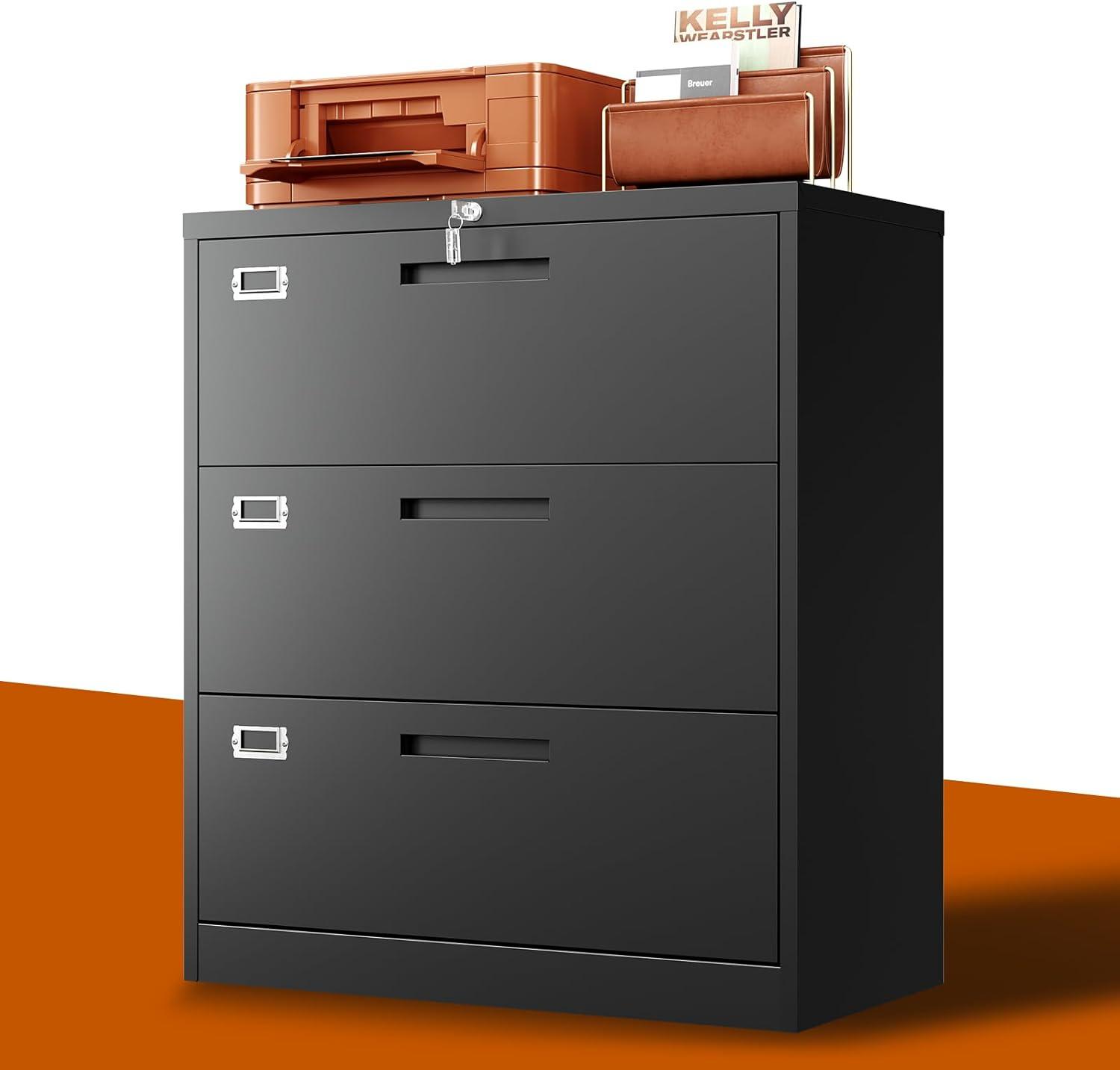 Black Metal 3-Drawer Lockable Lateral Filing Cabinet