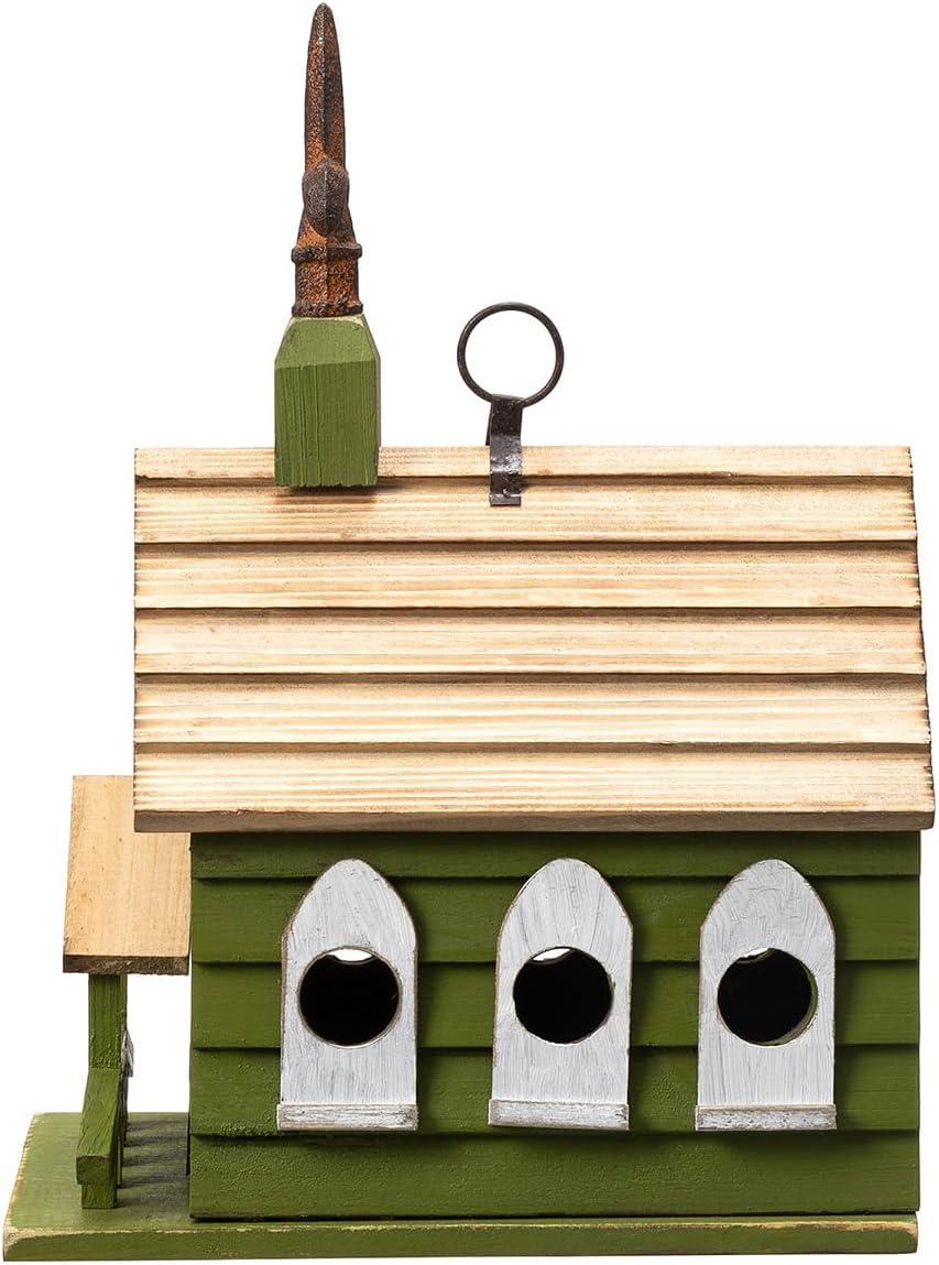 Green Hand Painted Wood Birdhouse with Distressed Details