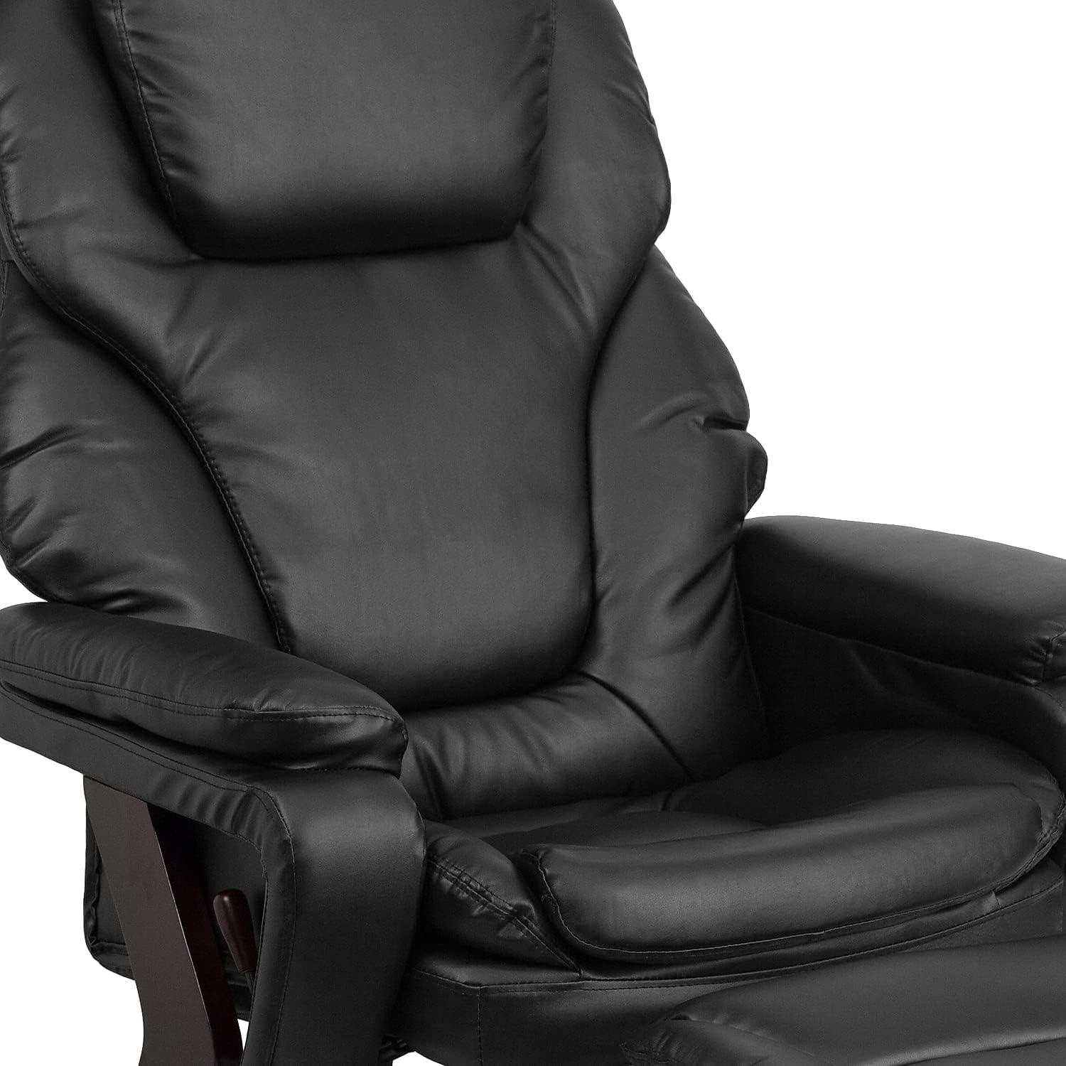 Black Leather Swivel Recliner with Ottoman and Wood Base