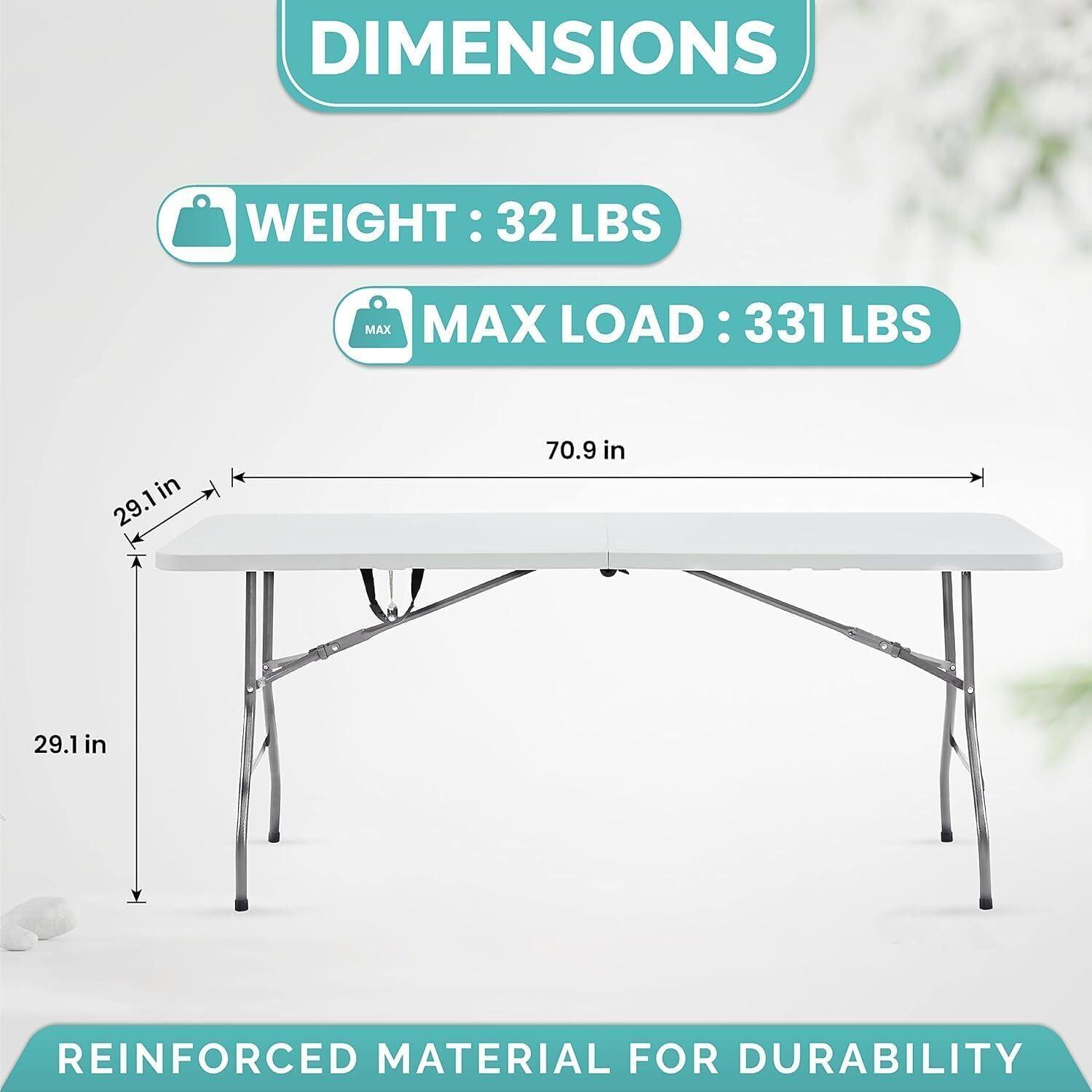6ft Folding Table Multipurpose Foldable Dinner Table Portable Folding Rectangular Resin Table for Outdoor Camping Picnic Party by Naomi Home - White