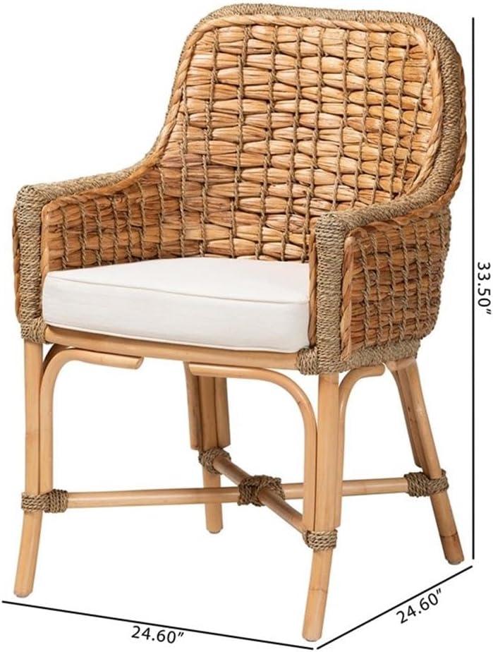 Baxton Studio Kyle Natural Brown Woven Rattan Dining Arm Chair with Cushion