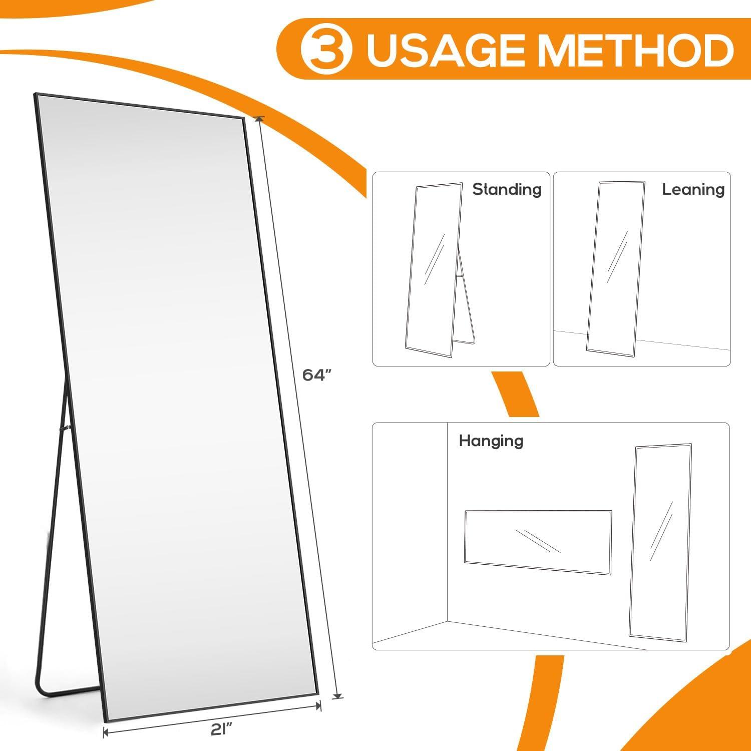 SIMENMAX Full Length Mirror, 21"x64" Nano Glass Floor Mirror, Standing Rectangle Floor Mirrors Body Dressing Wall-Mounted Mirror for Living Room, Bedroom,Black