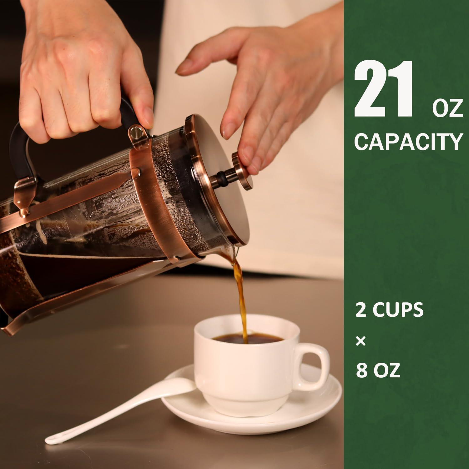 French Press Coffee Maker (21oz 600ML 3-4Cup) Coffee Press, with 4 Filters System, Heat Resistant Thickness Borosilicate Glass, Cold Brew Coffee Tea Pot Gifts (Copper)