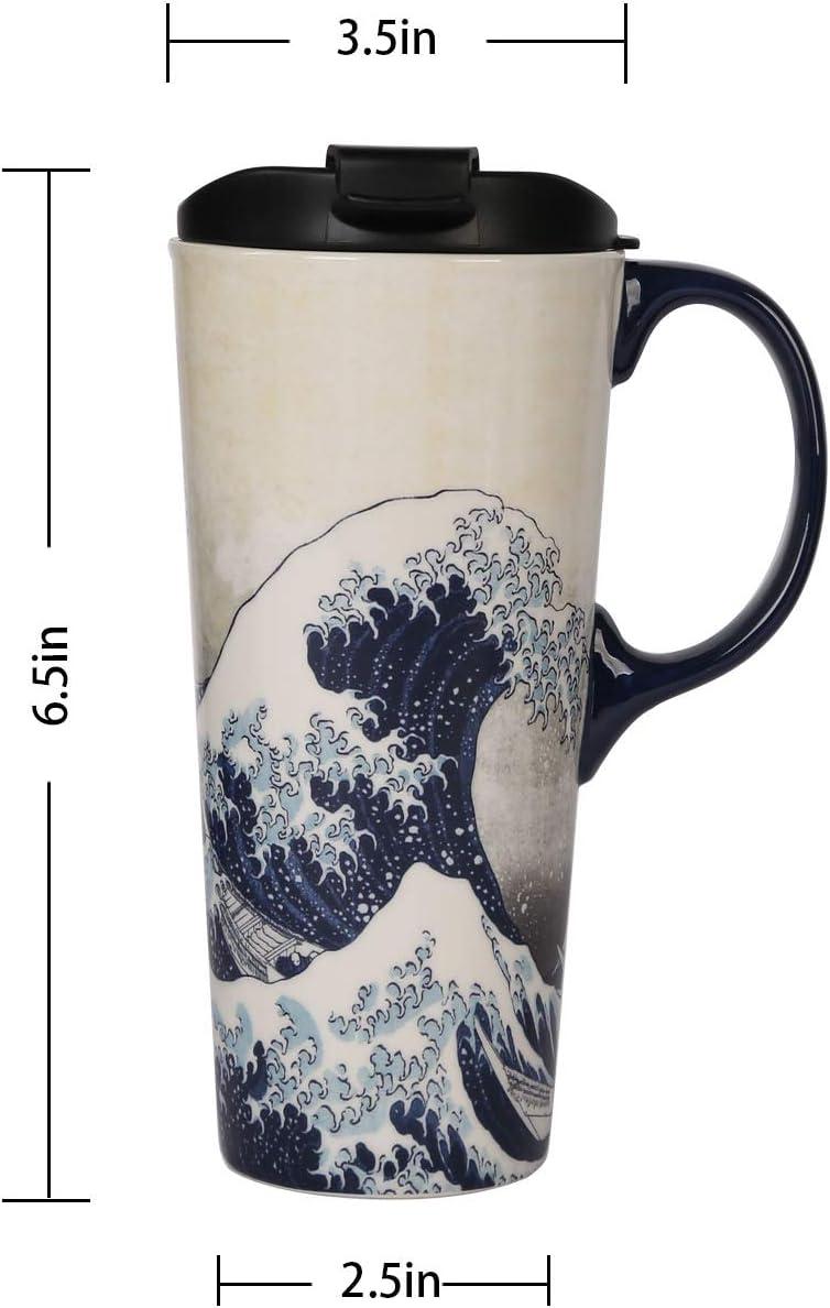 Ceramic Travel Mug with Wave Design and Lid, 17 Oz