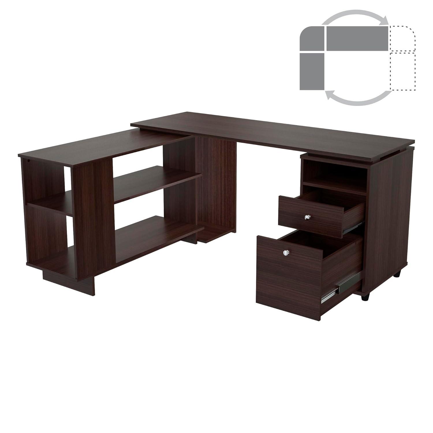 Inval L-Shaped Reversible Computer Desk, Espresso