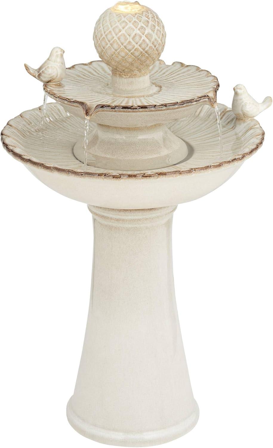 Cream Ceramic 2-Tier LED Outdoor Floor Fountain with Bird Statuette