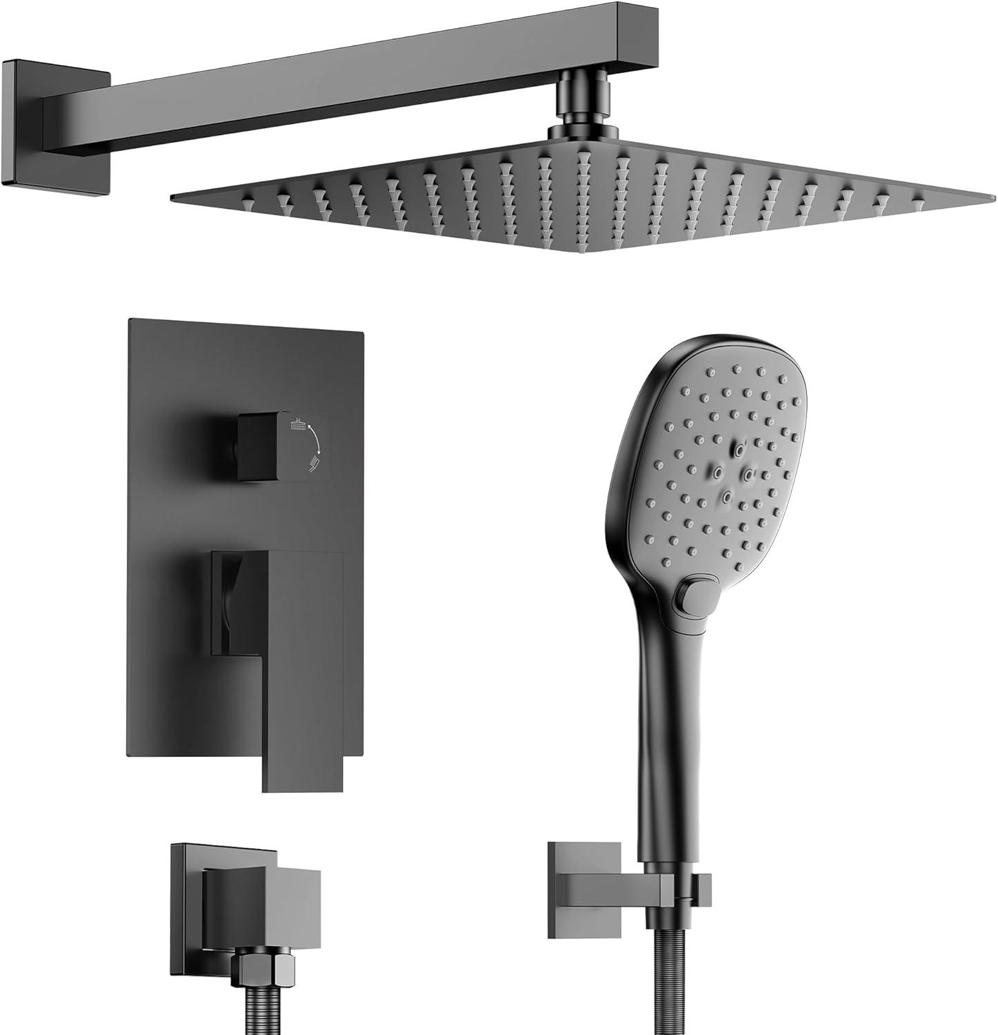 YAWWALK 10" Shower Head with 3-Spray Patterns Handheld in Matte Black (Valve Included)
