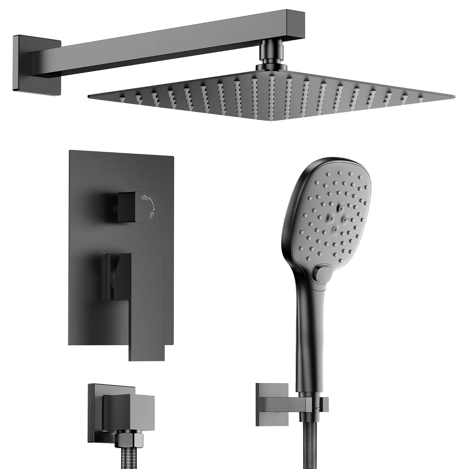 YAWWALK 10" Shower Head with 3-Spray Patterns Handheld in Matte Black (Valve Included)