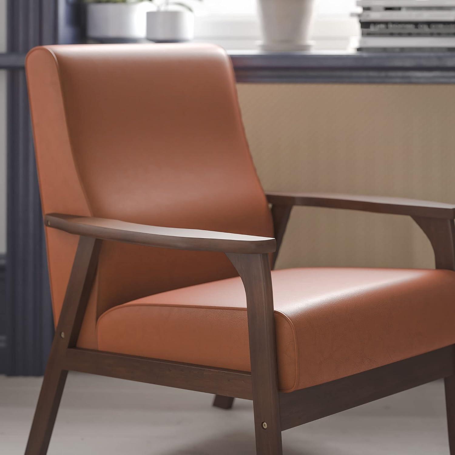 Cognac LeatherSoft Mid-Century Modern Accent Chair with Walnut Wooden Frame