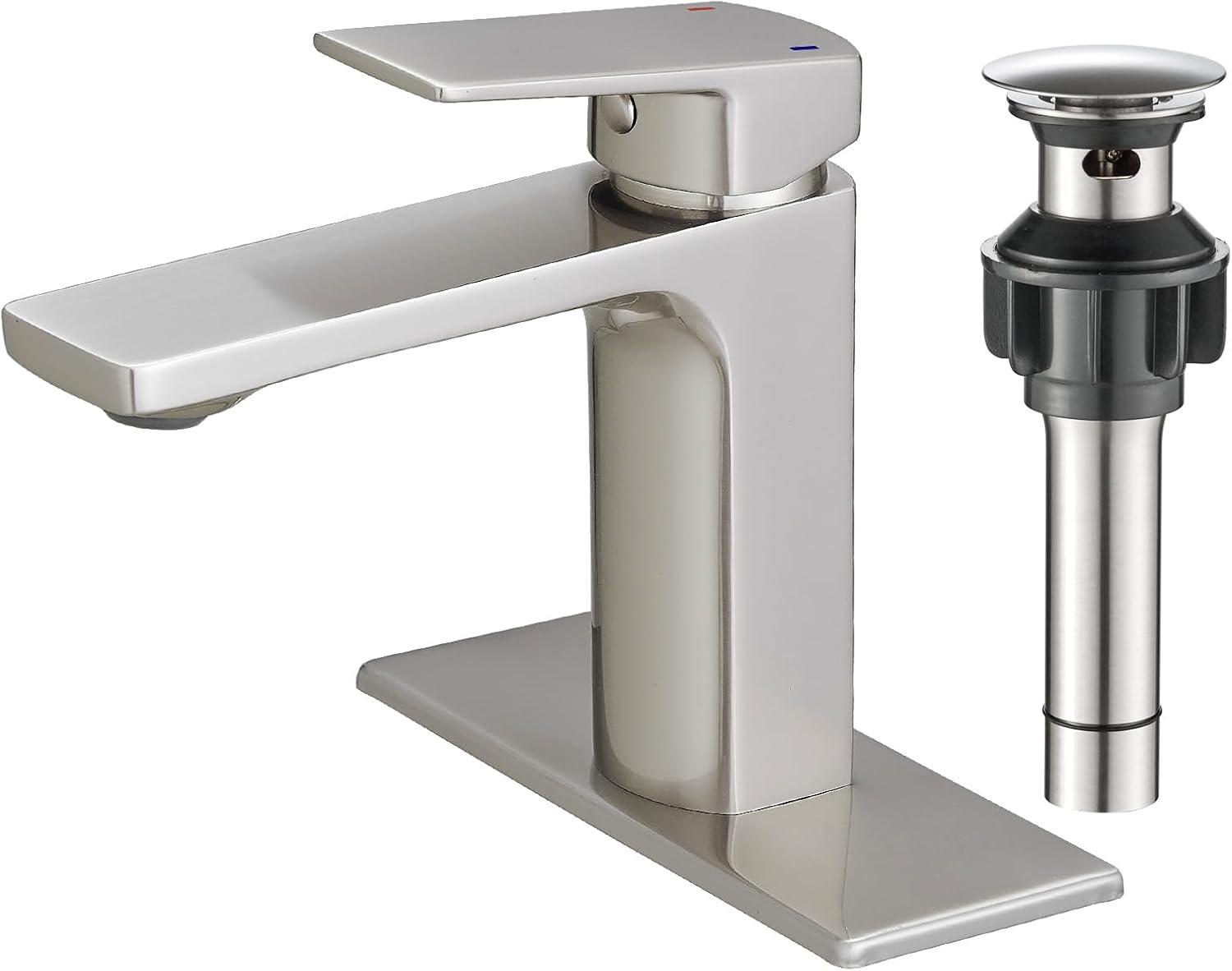 Brushed Nickel Single Handle Bathroom Faucet with Pop-Up Drain